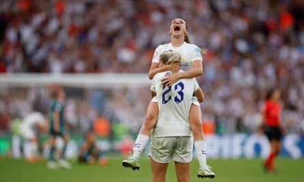 Alessia Russo and Ella Toone celebrate after England beat Germany in the Women’s Euros 2022.