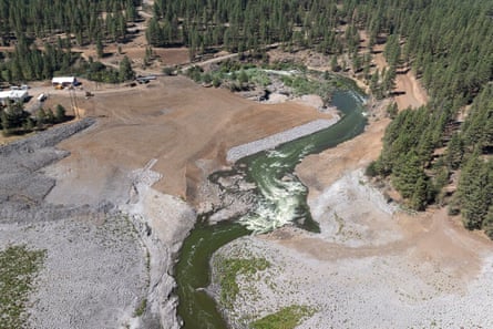 Water flowing on the Klamath River where the J C Boyle Dam once stood near Keno, Oregon.