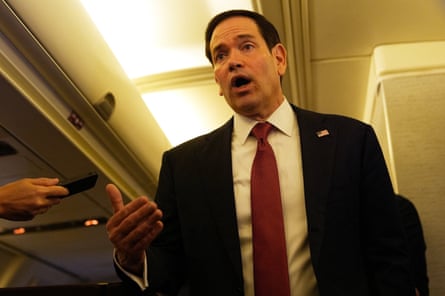 US secretary of state Marco Rubio speaks to reporters onboard his plane at Jaipur international airport in India on Tuesday