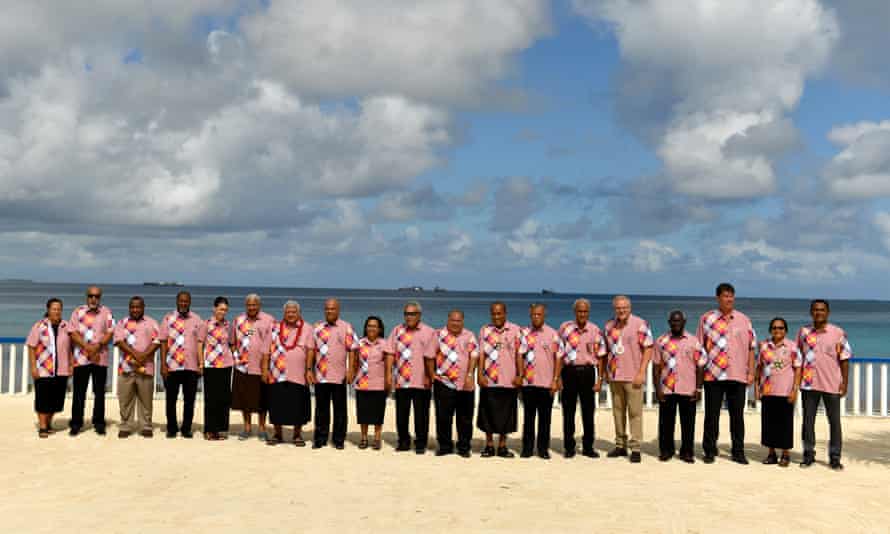 The last in-person Pacific Islands Forum, held in Funafuti, Tuvalu in 2019. The 2020 meeting was delayed until January 2021 and resulted in the departure of all five Micronesia nations from the forum.