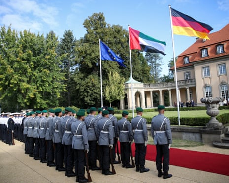 Members of the honour guard stand, on the day German President Frank Walter Steinmeier receives President of the United Arab Emirates Sheikh Mohamed bin Zayed Al Nahyan, at Villa Borsig in Berlin, Germany.