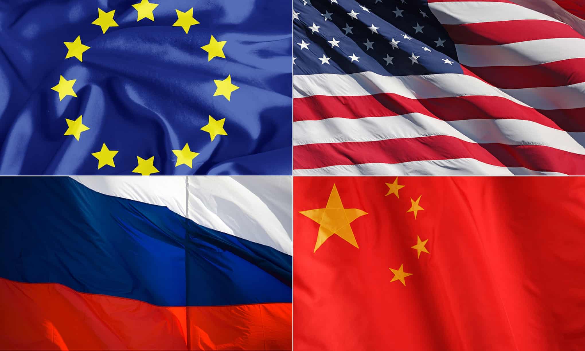 Flags (from top left) of the EU, US, Russian and China.