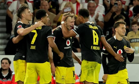 Maximilian Beier celebrates with teammates after scoring Borussia Dortmund’s winner against VfB Stuttgart.