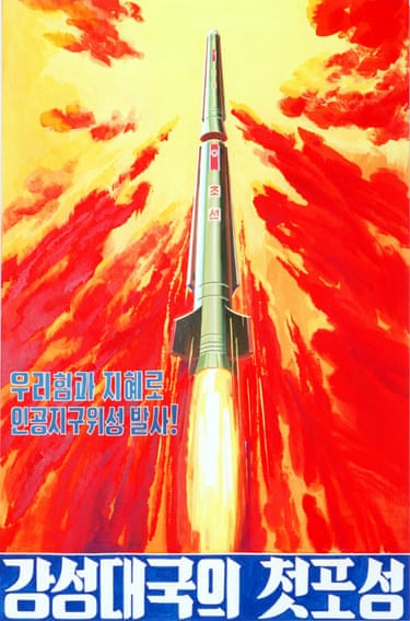North Korea’s intercontinental ballistic missile Taepodong-1 blasts into the space in one poster marked, ‘First sound of gunfire from big power’