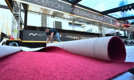 Preparations underway on the red carpet in Hollywood.