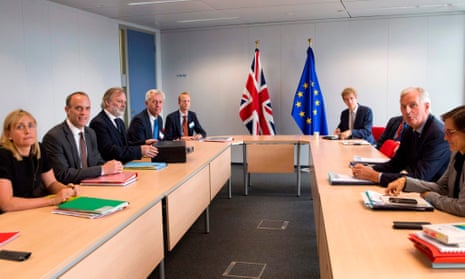 Dominic Raab (second left) and EU Brexit negotiator Michel Barnier (second right) during the meeting on Thursday in Brussels.