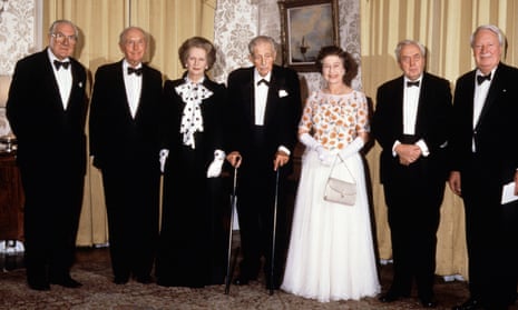 The Queen and her prime ministers in 1985: from left, Jim Callaghan, Alec Douglas-Home, Margaret Thatcher, Harold Macmillan, Harold Wilson and Edward Heath.