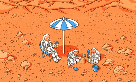 drawing of family in space suits having a holiday on mars