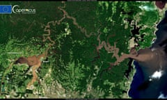Satellite imagery shows flood water containing debris washing out from the Hawkesbury River to sea in New South Wales