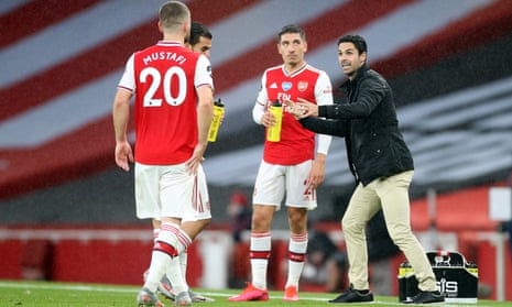 Mikel Arteta gets a point across to his players during Tuesday’s draw with Leicester. Arsenal are unbeaten in five games as they head to Tottenham on Sunday.