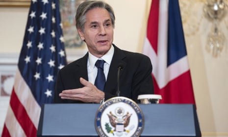 Antony Blinken speaks during a press conference with Liz Truss, at the State Department, in Washington.