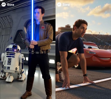a composite showing AI-generated content of a person holding a lightsaber next to R2-D2 and a man about to raise