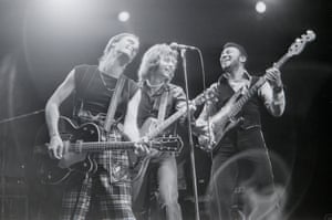 From left: Steve Harley with Cockney Rebel guitarists Jo Partridge and George Ford on stage in Hammersmith, London in 1976