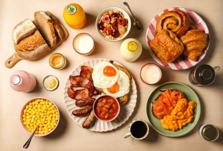 Breakfast foods like bread, milk, eggs and bacon