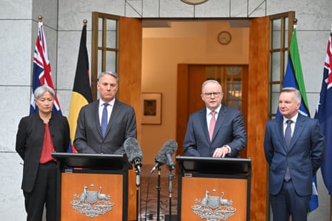 Penny Wong, Richard Marles, Anthony Albanese and Chris Bowen at a press conference at Parliament House in Canberra on Tuesday morning.