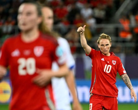 Jessica Fishlock gives the thumbs up after Wales scored against England