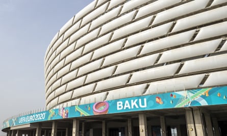 Exterior detail of stadium with Baku written on side