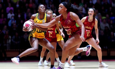 England’s Ebony Usoro Brown battles for the ball with Shanice Beckford of Jamaica.
