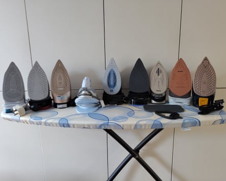 Nine irons on an ironing board