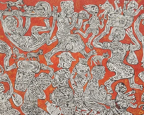 Lots of figures drawn in bold white lines, showing the terrorof people fleeing attack and carrying their children, goods and animals