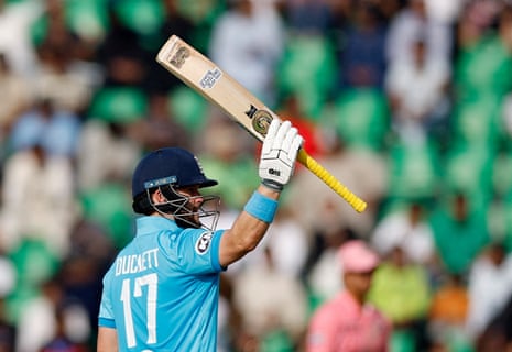England's Ben Duckett celebrates after reaching his half century.