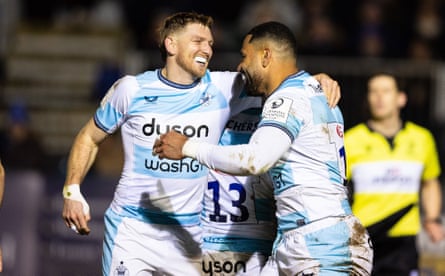 Joe Cokanasiga (right) celebrates scoring for Bath against Clermont Auvergne in the Champions Cup in January