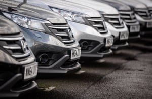 Honda cars on the forecourt of a main motor car dealer in Brislington.