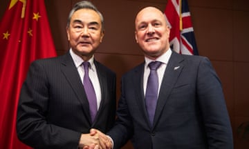 Chinese foreign minister Wang Yi greets New Zealand prime minister Christopher Luxon in Wellington on 18 March 18. New Zealand has opted against applying sanctions over China’s alleged hacking operations.