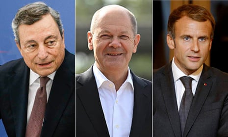Mario Draghi, Olaf Scholz and Emmanuel Macron composite