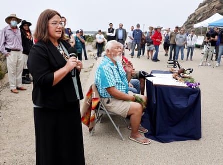 Violet Sage Walker, the Northern Chumash Tribal Council chairwoman, speaks at a rally in September at the base of Morro Rock.