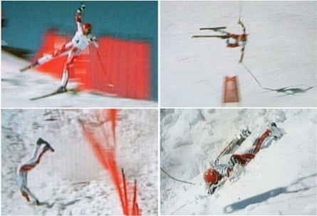 A series of images taken from TV coverage shows Hermann Maier as he flies out of control during the men’s downhill race in Nagano