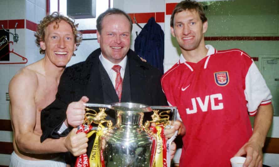 Steve Rowley, then scouting for Arsenal, celebrates the club’s Premier League title win in 1998 with Ray Parlour (left) and Tony Adams.