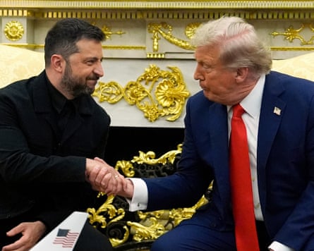 Donald Trump shakes hands with Ukraine’s president, Volodymyr Zelenskyy, during their August meeting in the Oval Office.