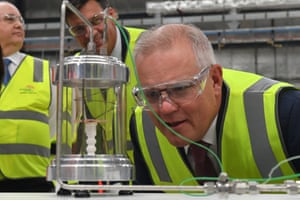 Prime Minister Scott Morrison and Minister for Energy Angus Taylor visit Star Scientific, a hydrogen research facility in Berkeley Vale, Central Coast NSW, Wednesday, April 21, 2021.