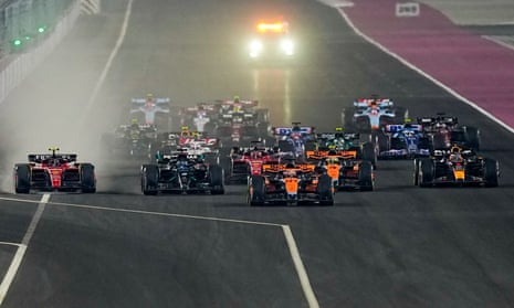 McLaren driver Oscar Piastri of Australia leads at the start of the sprint race ahead of the Qatar Formula One Grand Prix.