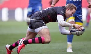 Max Malins scores a try for Bristol against Clermont Auvergne in the Champions Cup in December