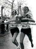 A heat for the first London marathon as Dick Beardsley (l) and Inge Simonsen cross the finish line, 29 March 1981.