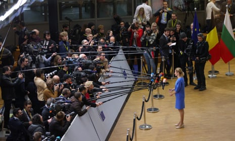 Kaja Kallas speaks to the media at a European Union leaders’ summit, in Brussels, Belgium