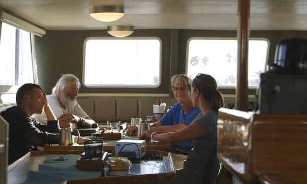 From left to right, film-maker Joshua Zeman and scientists John Calombokidis, John Hildebrand and Ana Sirovic discuss the search for the 52Hz whale.