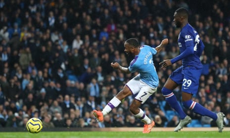 Raheem Sterling of Manchester City scores his team’s third goal which is later disallowed by VAR.