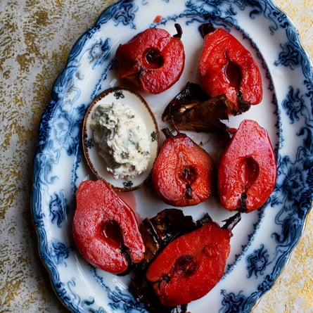 Poached quince with whipped blue cheese.