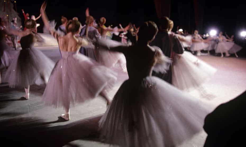 Members of the Bolshoi ballet company on the stage of the Bolshoi theatre in Moscow.