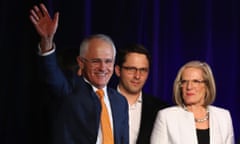 Malcolm Turnbull greets Liberal party supporters with wife Lucy Turnbull and son Alex Turnbull