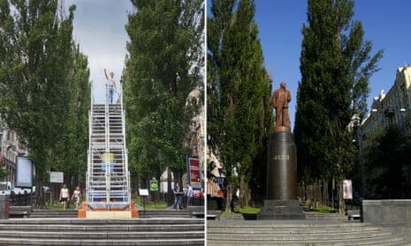 The pedestal now (left), and the pedestal with Lenin