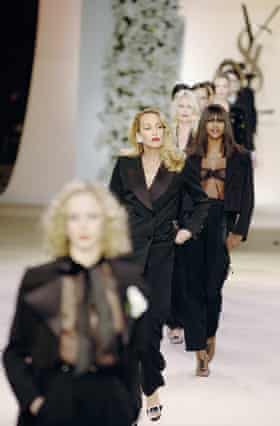 Jerry Hall walks the Yves Saint Laurent haute couture catwalk in 2001