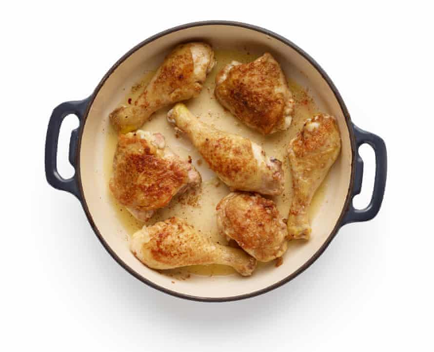 Felicity Cloake’s pollo alla cacciatore or hunter’s chicken, stage 3: brown the chicken.