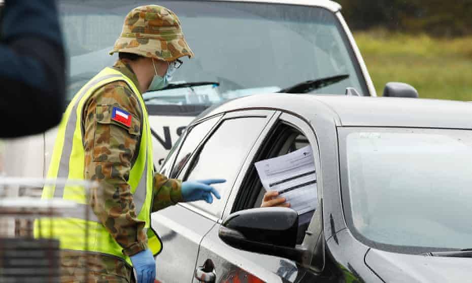 Police and ADF check work permits and identification at a road block in Little River on September 17, 2020 in Geelong. Victorian premier Daniel Andrews has announced regional Victoria will move to ‘step 3’ of the roadmap out of Covid lockdown and restrictions from midnight on Wednesday 16 September