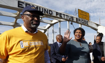 Stacey Abrams corsses the Edmund Pettus Bridge in Selma, Alabama, on 1 March.