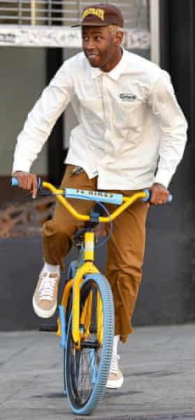 Tyler, the Creator riding his bike in Los Angeles in September 2018