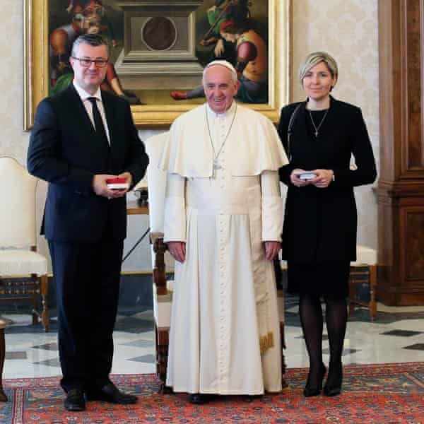 Pope Francis meets the Croatian prime minister and his wife at the Vatican on Thursday.